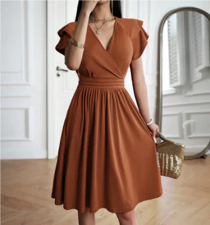 Aria - Elegant Women's Wedding Guest Dress with Ruffle Sleeves and Wrap Neckline