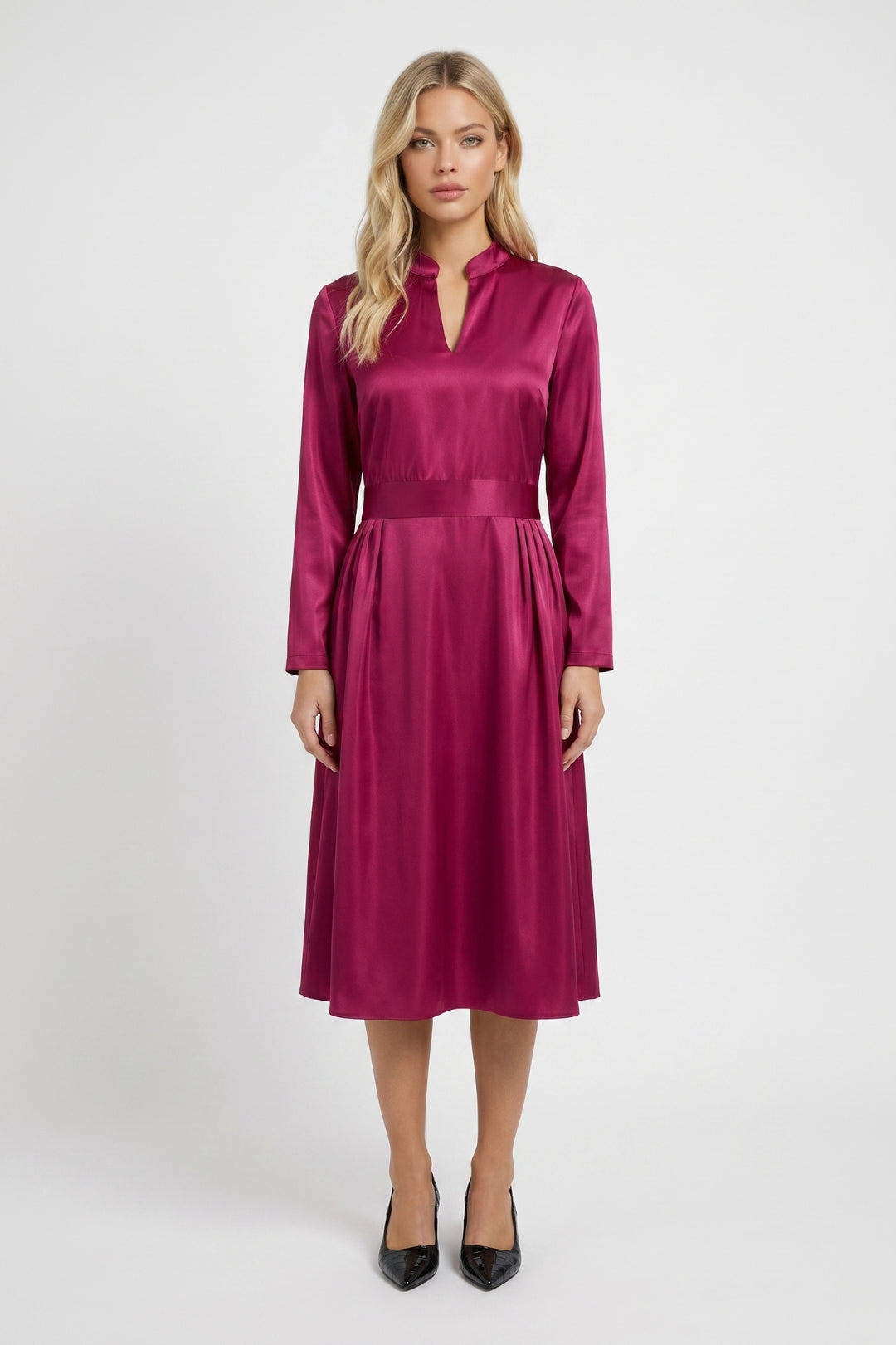 Midi Dress Women - Stand-Up Collar Keyhole | Long Sleeve