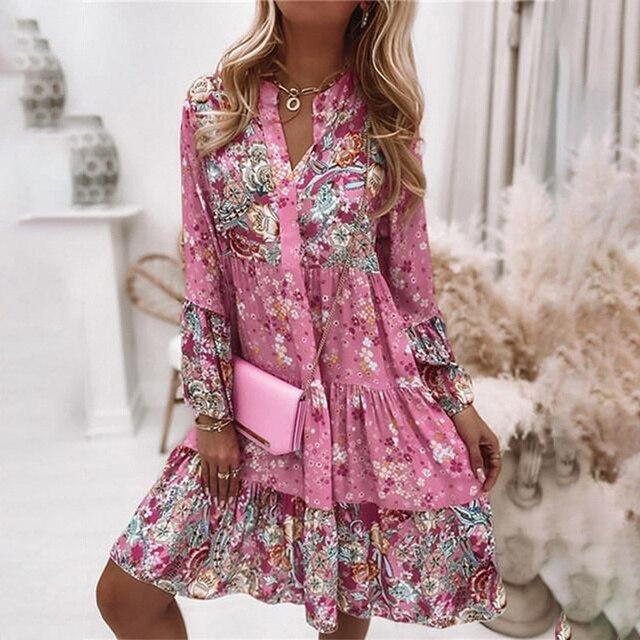 Riley - Boho Women's Wedding Guest Dress with Floral Print and Ruffle Hem