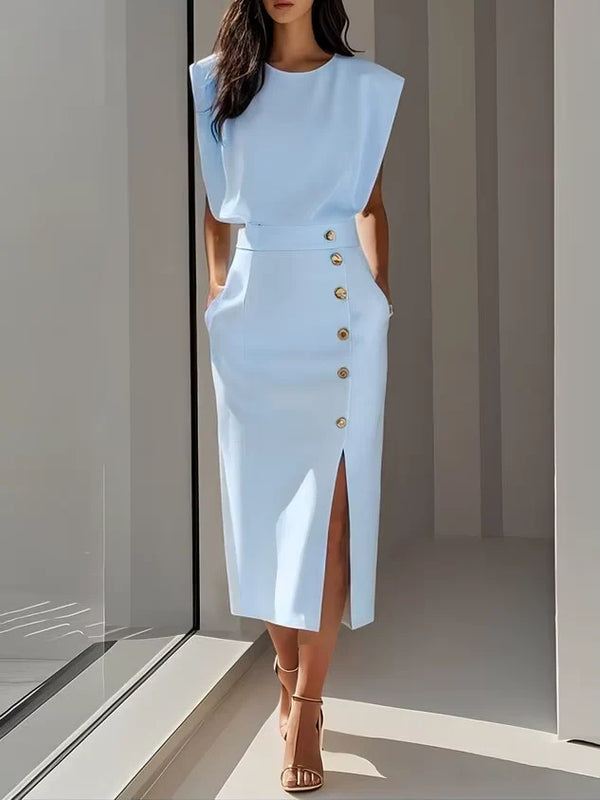 Alexis - Formal Women's Wedding Guest Dress with Padded Shoulders and Gold Button Front Split