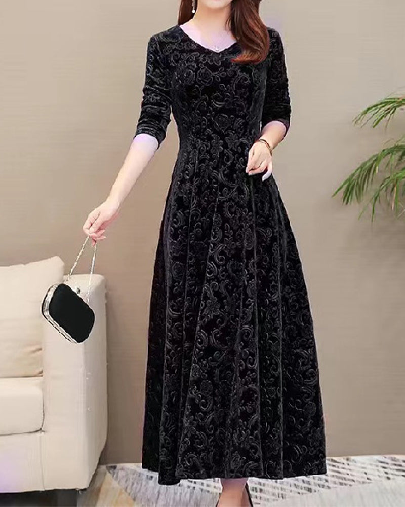 Amelia - Elegant Women's Wedding Guest Midi Dress with Long Sleeves and Jacquard Pattern
