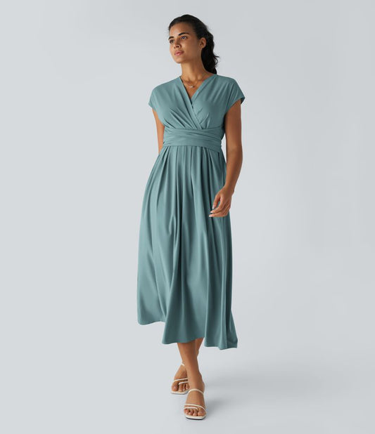 Amelia - Flowy Women's Wedding Guest Dress with Wrap Bodice and Pleated Midi Skirt