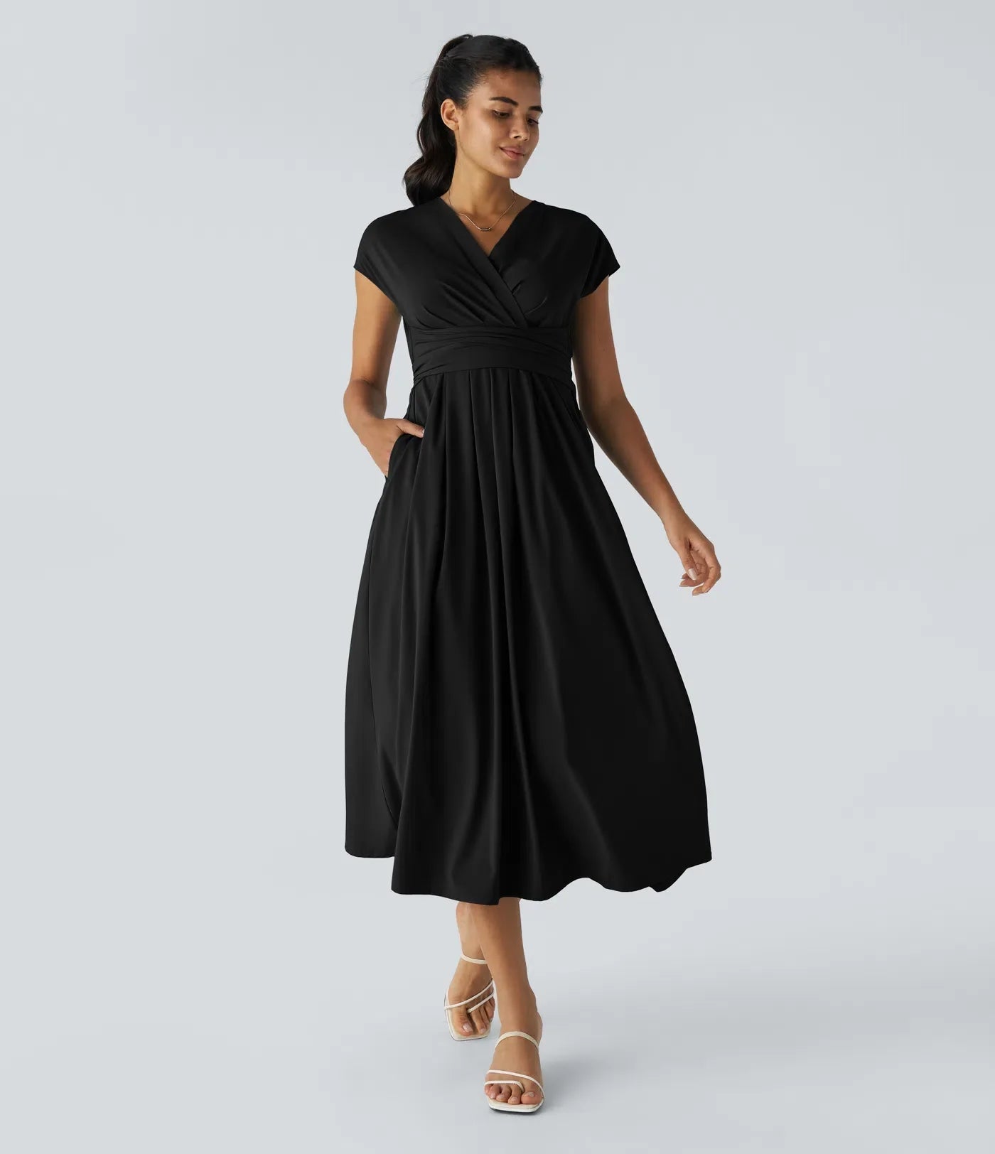 Amelia - Flowy Women's Wedding Guest Dress with Wrap Bodice and Pleated Midi Skirt
