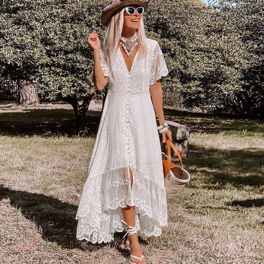 Aria - Boho Women's Wedding Guest Dress with Lace Detail and Flutter Sleeves