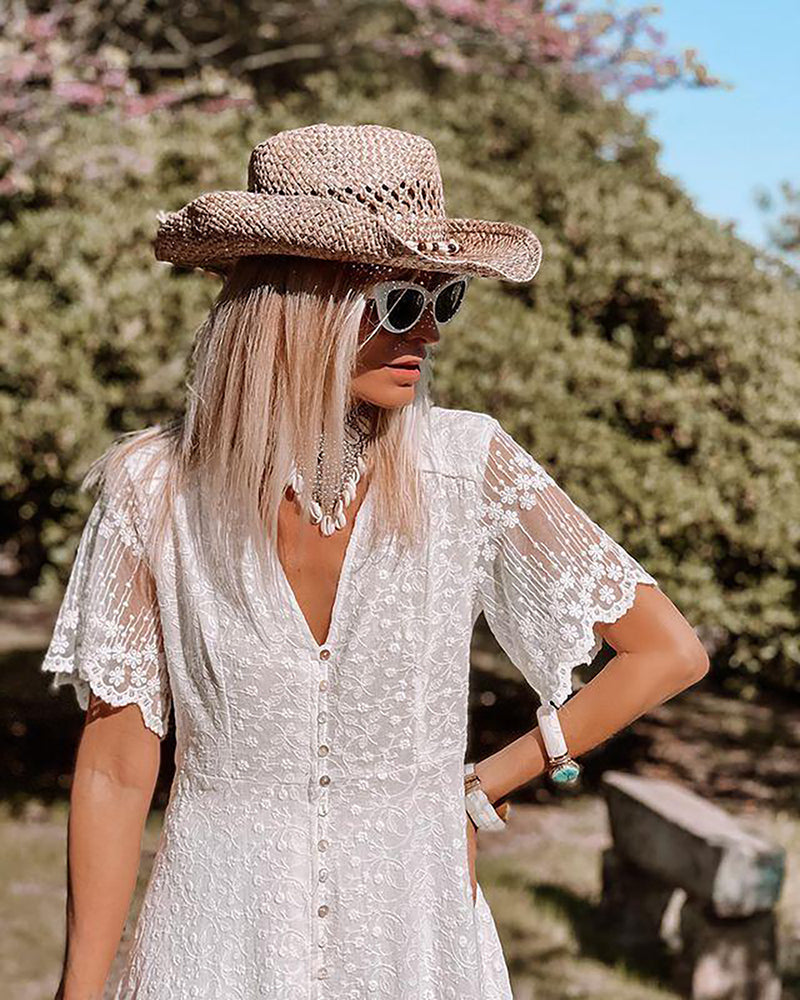 Aria - Boho Women's Wedding Guest Dress with Lace Detail and Flutter Sleeves