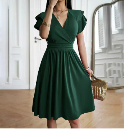 Aria - Elegant Women's Wedding Guest Dress with Ruffle Sleeves and Wrap Neckline
