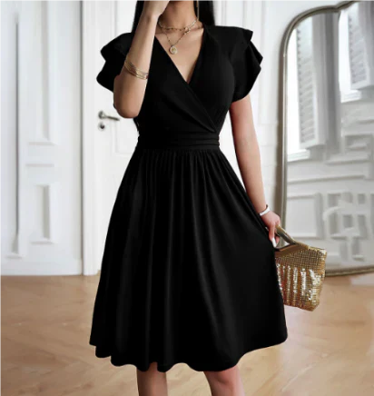 Aria - Elegant Women's Wedding Guest Dress with Ruffle Sleeves and Wrap Neckline