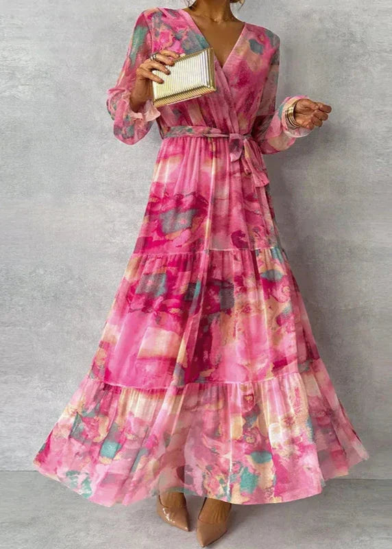 Aria - Flowy Women's Wedding Guest Maxi Dress with Wrap V Neck and Tiered Skirt