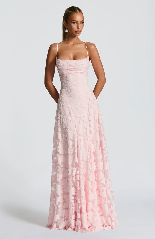 Aurora - Romantic Women's Wedding Guest Dress with Square Neck and Floral Applique Maxi Skirt