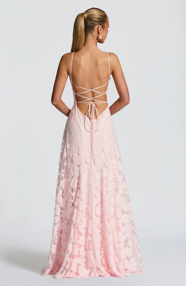 Aurora - Romantic Women's Wedding Guest Dress with Square Neck and Floral Applique Maxi Skirt
