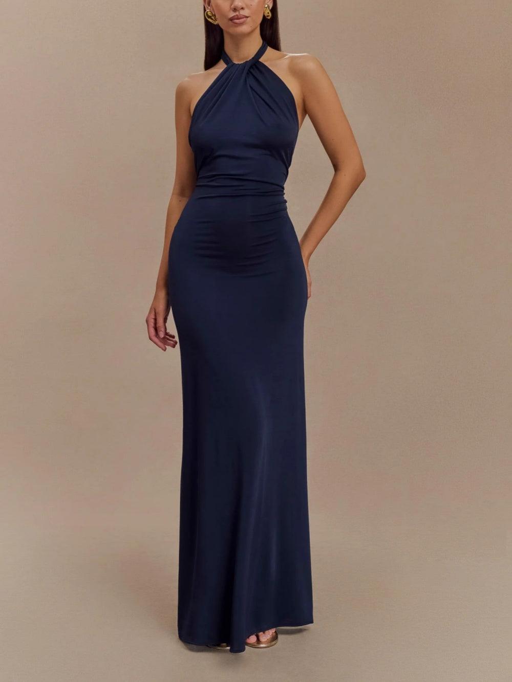Ava - Elegant Women's Wedding Guest Dress with Halter Neck and Ruched Maxi Silhouette