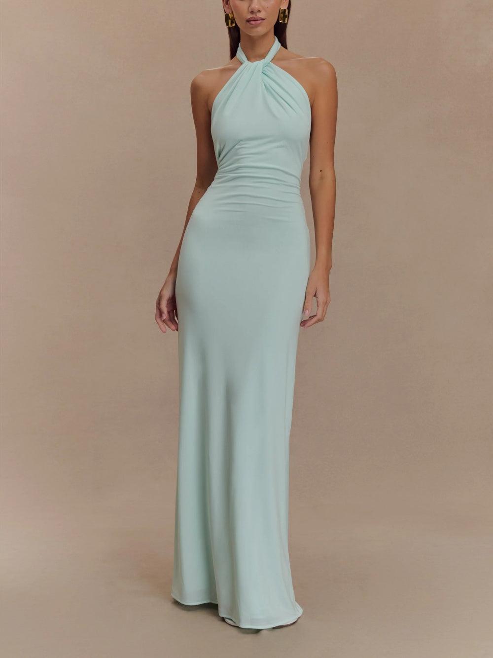 Ava - Elegant Women's Wedding Guest Dress with Halter Neck and Ruched Maxi Silhouette