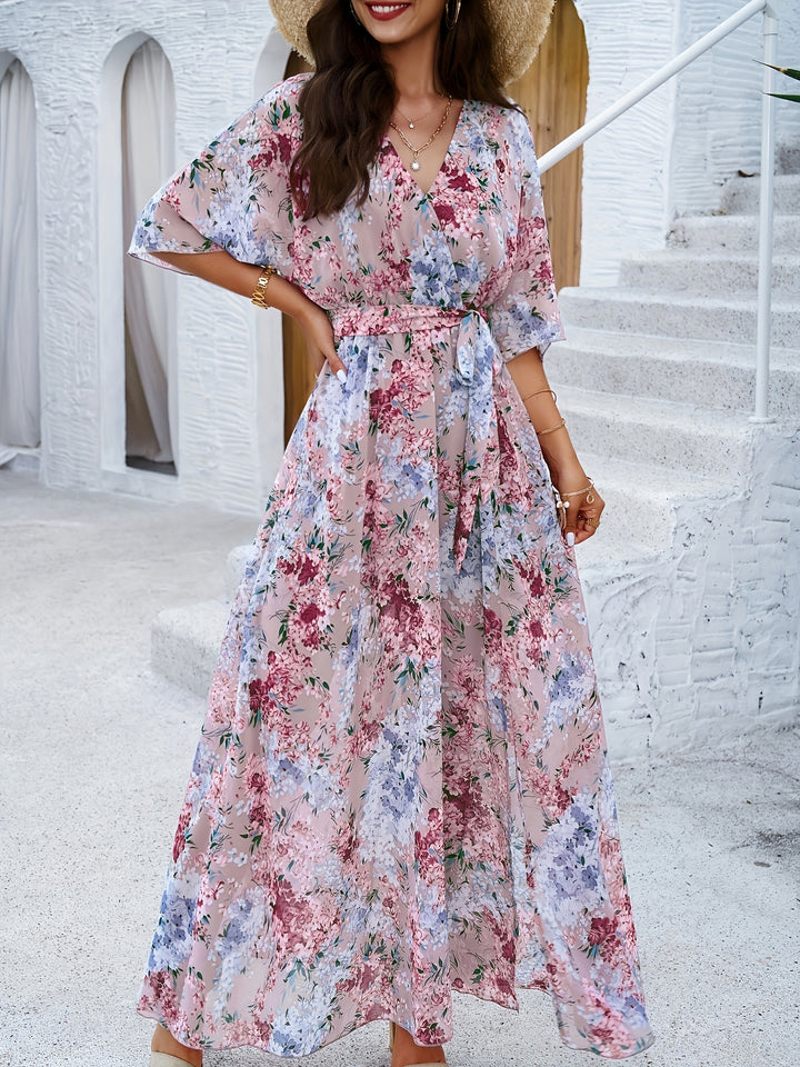 Ava - Flowy Women's Wedding Guest Maxi Dress with Wrap V-Neckline and Floral Print