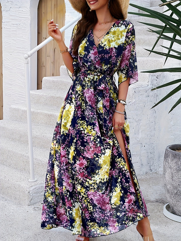 Ava - Flowy Women's Wedding Guest Maxi Dress with Wrap V-Neckline and Floral Print