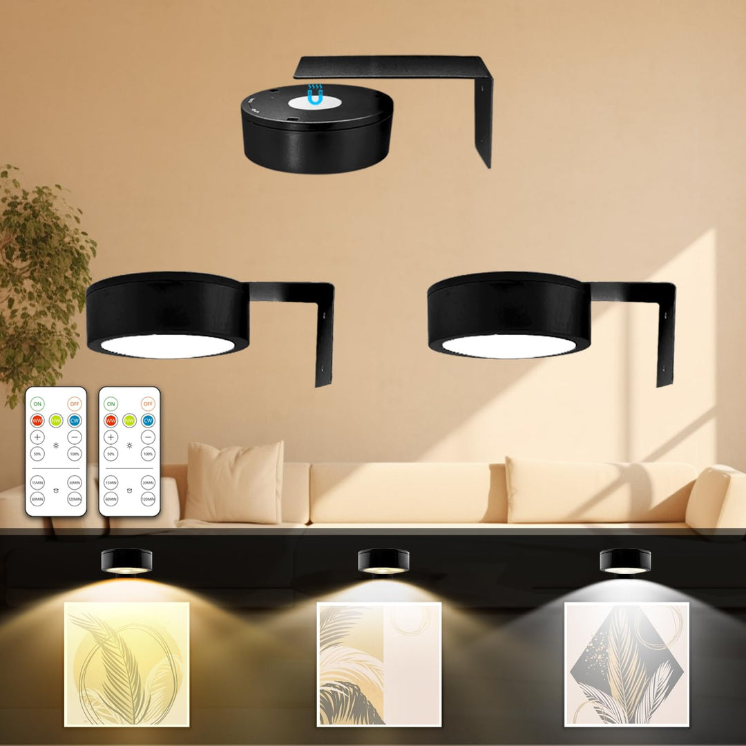 Battery-Powered Picture Lights 3-Pack | Remote Control &amp; Dimmable LED Artwork Lighting | 3 Color Modes