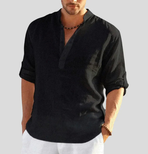 Caleb - Casual Men's Linen Shirt with Stand Collar and Roll-Up Sleeves for Summer