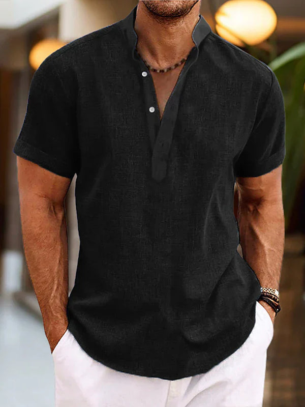 Logan - Casual Men's Linen Shirt with Band Collar and Short Sleeves