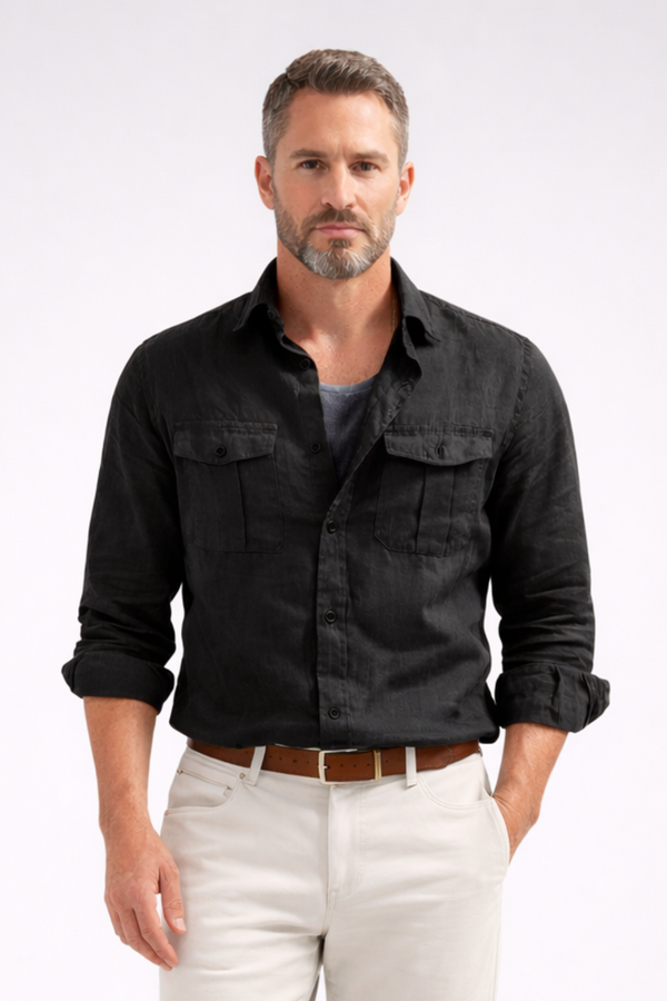 Carter - Smart Men's Linen Shirt with Chest Pockets and Button-Up Front