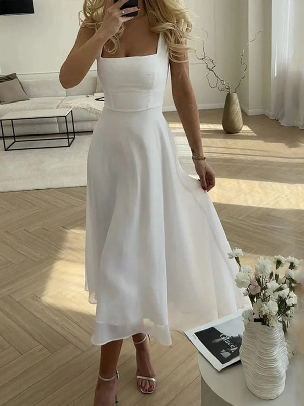 Charlotte - Elegant Women's Wedding Guest Dress with Square Neck and Flowy Midi Skirt