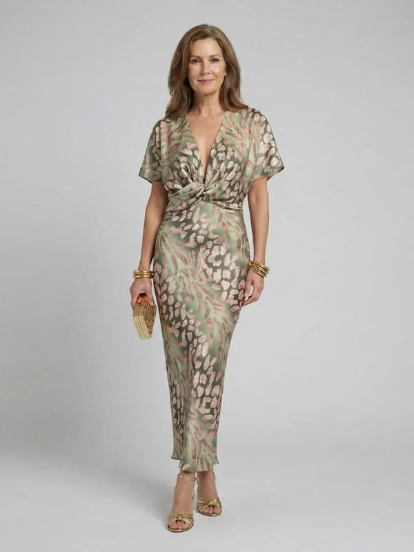 Charlotte - Elegant Women's Wedding Guest Dress with Wrap Neckline and Midi Length