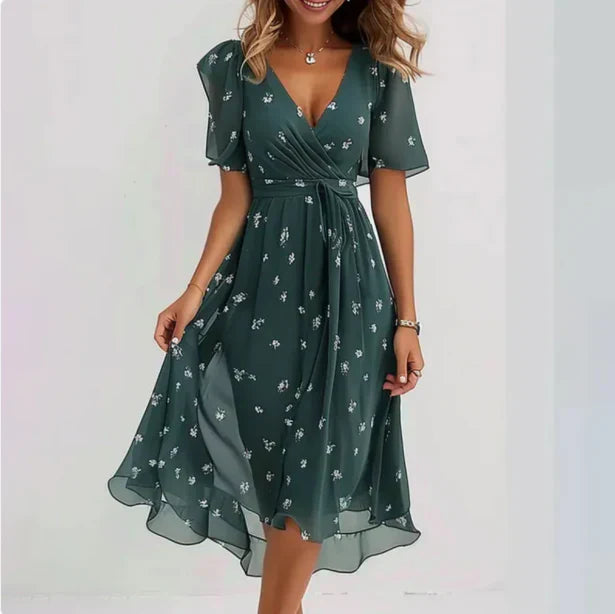 Charlotte - Elegant Women's Wedding Guest Dress with Wrap V-Neck and Floral Print