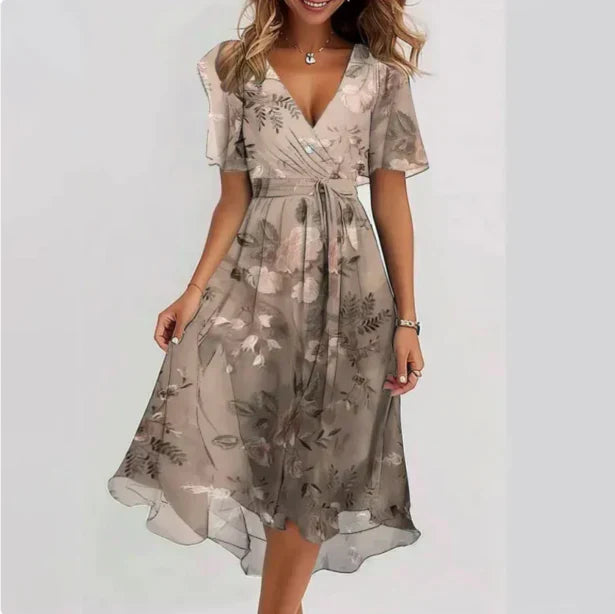 Charlotte - Elegant Women's Wedding Guest Dress with Wrap V-Neck and Floral Print
