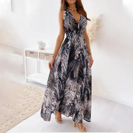 Chloe - Boho Women's Wedding Guest Dress with Tropical Print and Flowy Maxi Skirt