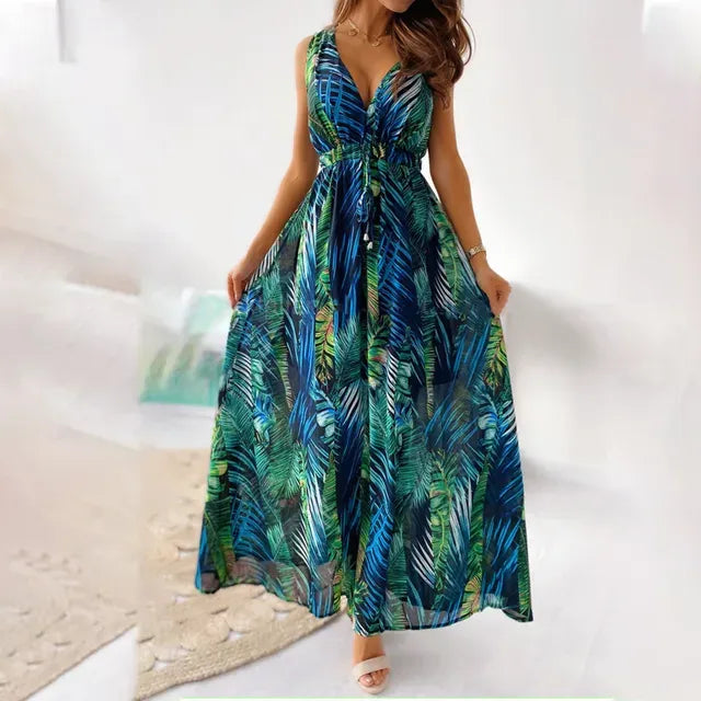 Chloe - Boho Women's Wedding Guest Dress with Tropical Print and Flowy Maxi Skirt