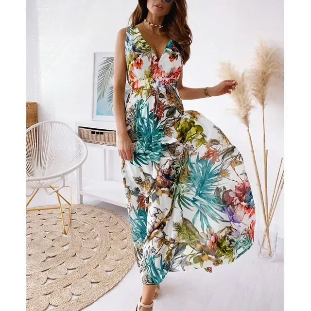 Chloe - Boho Women's Wedding Guest Dress with Tropical Print and Flowy Maxi Skirt