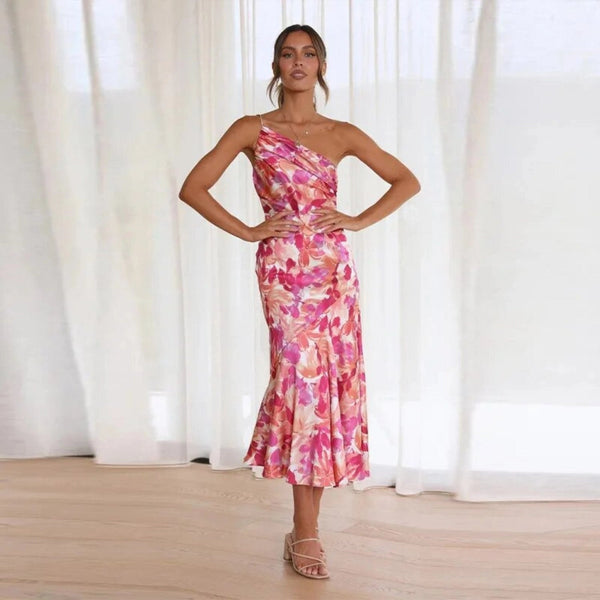 Chloe - Trendy Women's Wedding Guest Dress with One Shoulder Strap and Floral Print