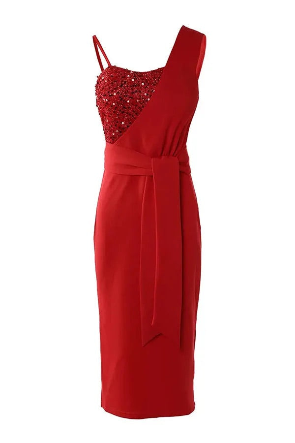 Chloe - Women’s party midi dress with glitter sequin and tie waist and split