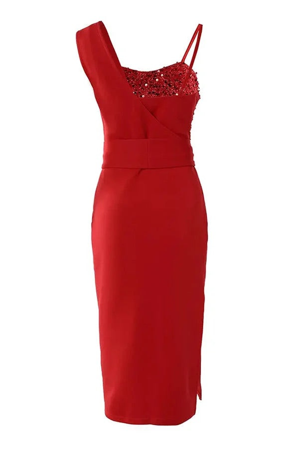 Chloe - Women’s party midi dress with glitter sequin and tie waist and split