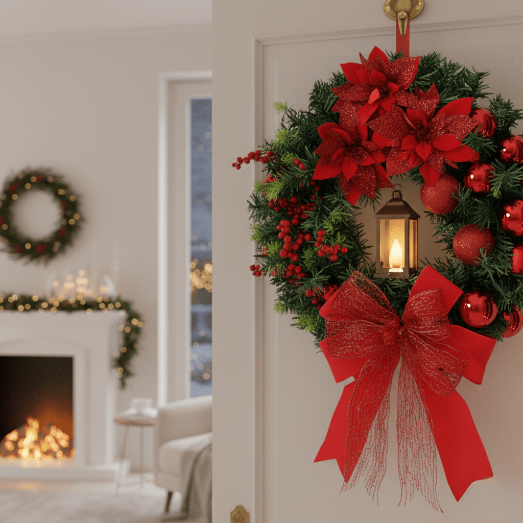 Christmas Wreath with LED Lantern | Festive Greenery &amp; Decorative Ornaments | Battery-Powered Holiday Decor