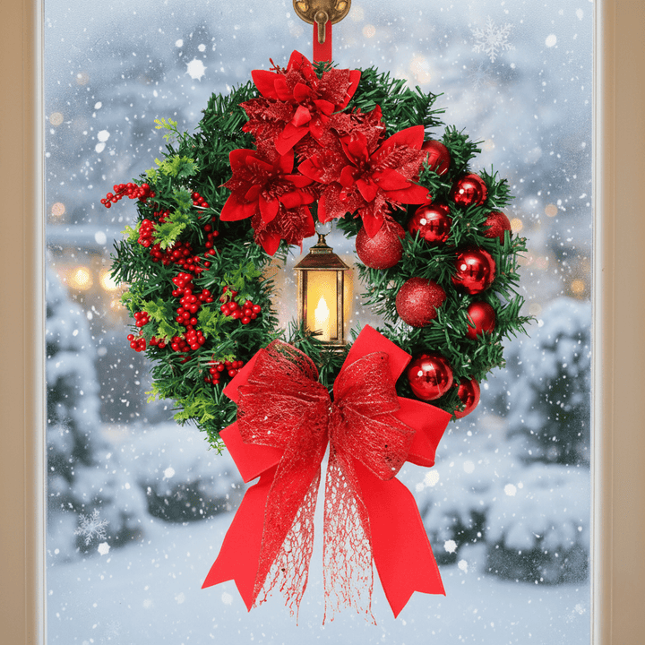 Christmas Wreath with LED Lantern | Festive Greenery &amp; Decorative Ornaments | Battery-Powered Holiday Decor