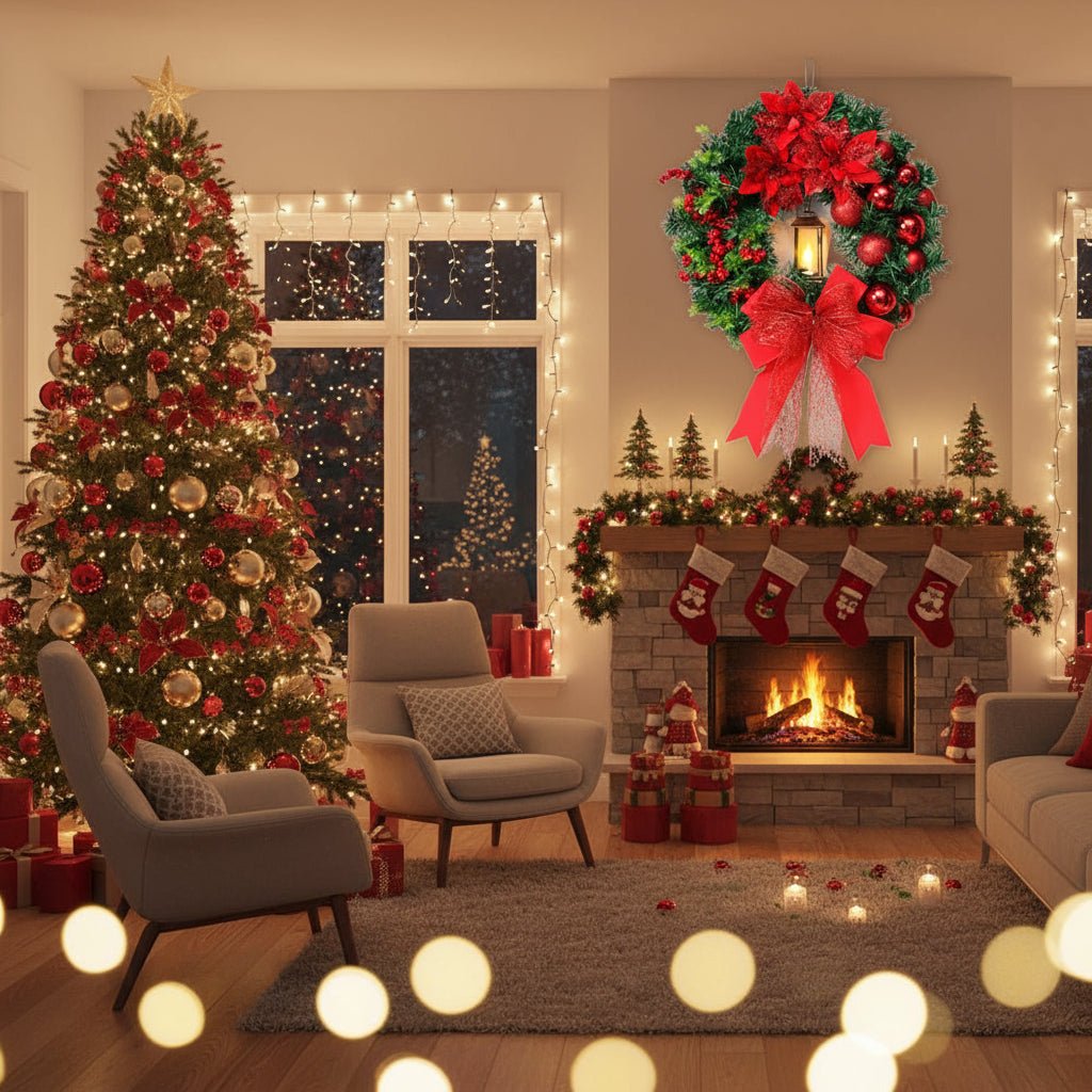 Christmas Wreath with LED Lantern | Festive Greenery &amp; Decorative Ornaments | Battery-Powered Holiday Decor