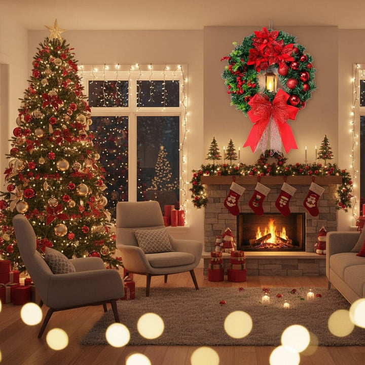 Christmas Wreath with LED Lantern | Festive Greenery &amp; Decorative Ornaments | Battery-Powered Holiday Decor