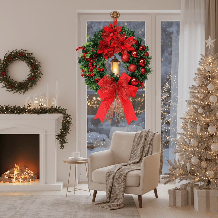 Christmas Wreath with LED Lantern | Festive Greenery &amp; Decorative Ornaments | Battery-Powered Holiday Decor