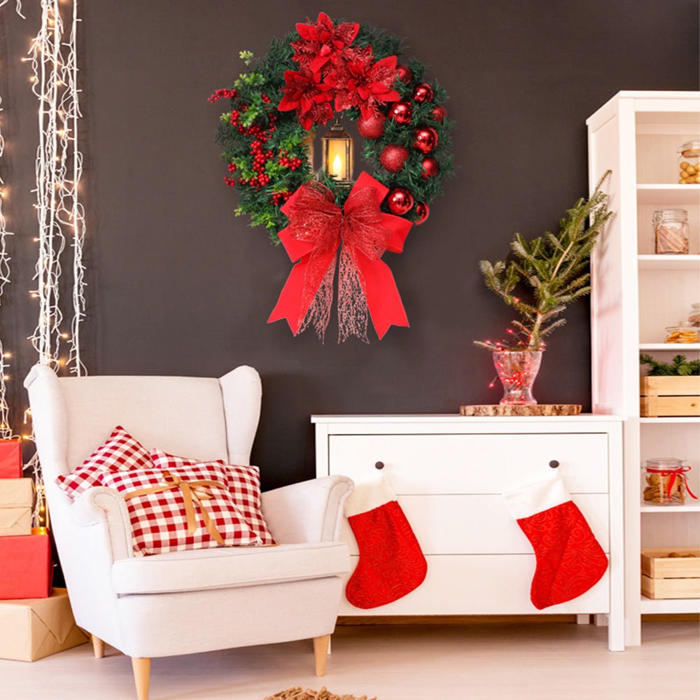 Christmas Wreath with LED Lantern | Festive Greenery &amp; Decorative Ornaments | Battery-Powered Holiday Decor