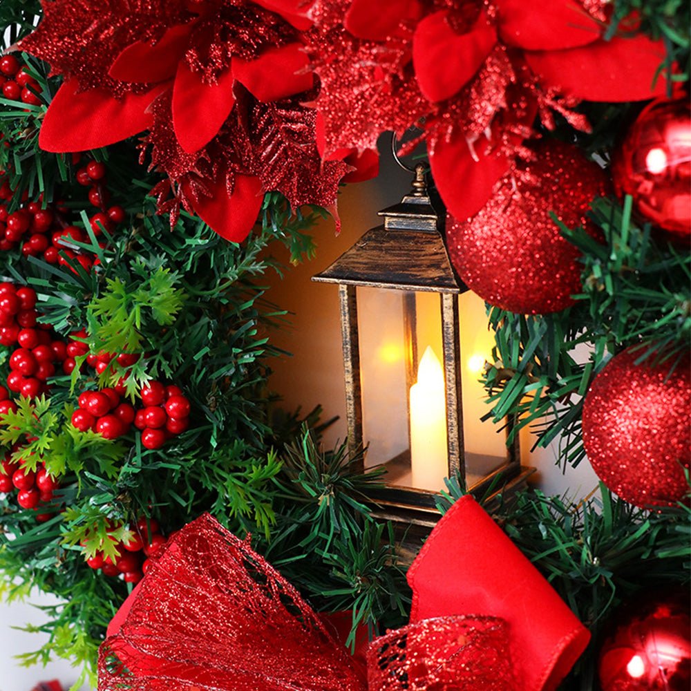 Christmas Wreath with LED Lantern | Festive Greenery &amp; Decorative Ornaments | Battery-Powered Holiday Decor