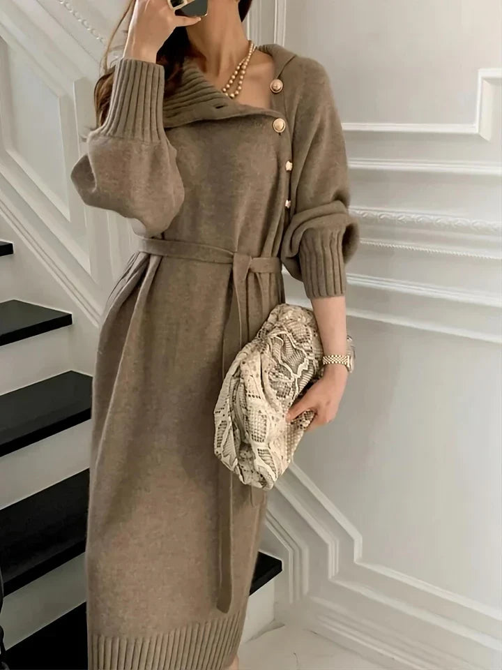 Eleanor - Women’s sweater midi dress with long sleeve and button collar