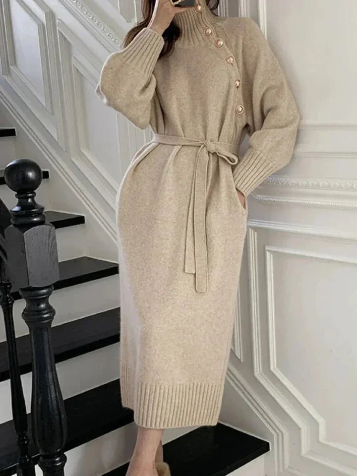 Eleanor - Women’s sweater midi dress with long sleeve and button collar