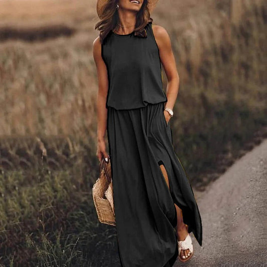 Ella - Casual Women's Wedding Guest Dress with Sleeveless Cut and Side Slits