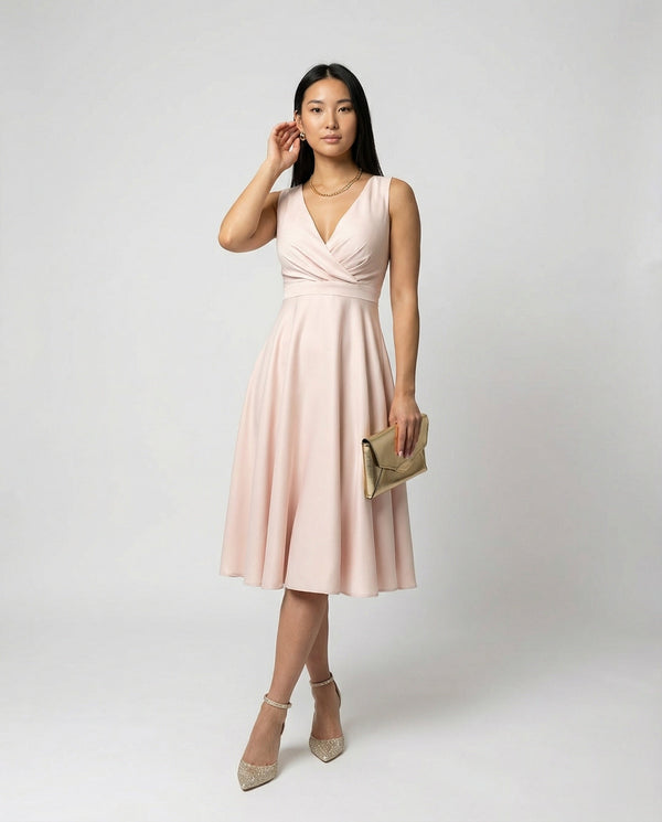 Ella - Elegant Women's Wedding Guest Dress with Wrap V-Neck and Flared Midi Skirt