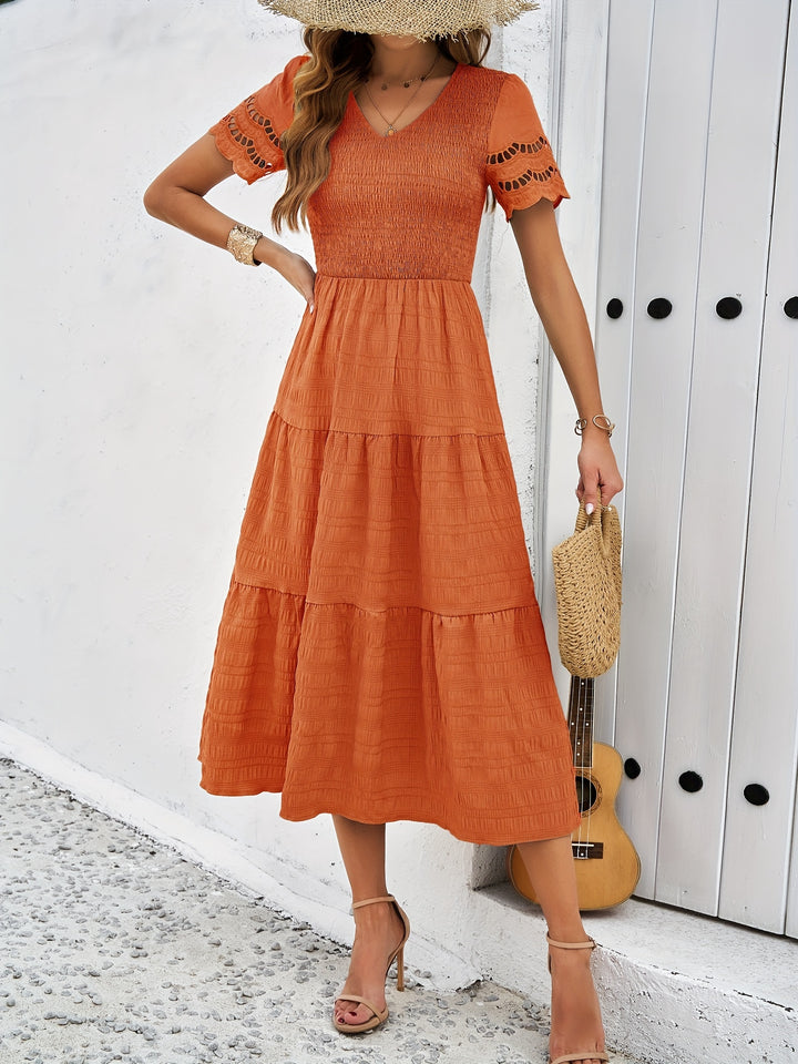 Emily - Boho Women's Wedding Guest Midi Dress with Smocked Bodice and Tiered Skirt