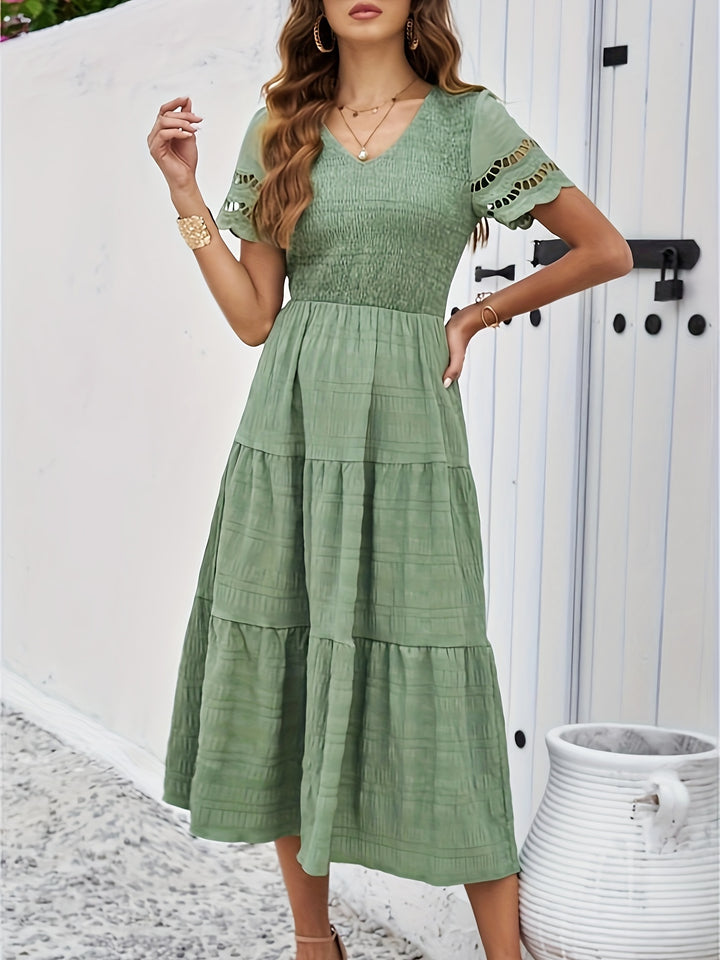 Emily - Boho Women's Wedding Guest Midi Dress with Smocked Bodice and Tiered Skirt