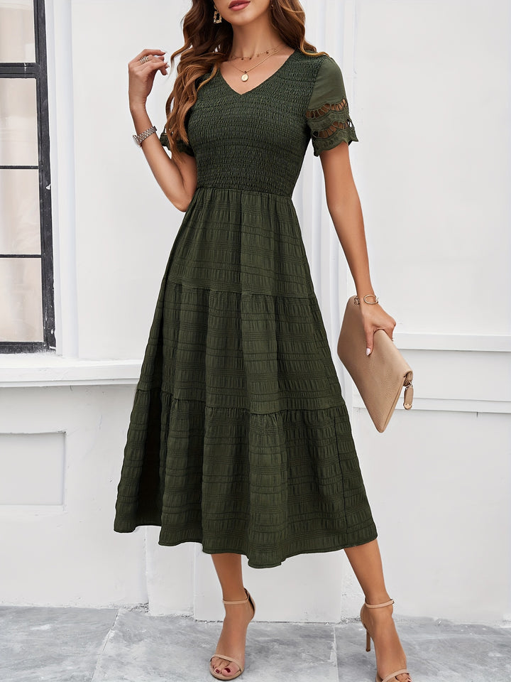 Emily - Boho Women's Wedding Guest Midi Dress with Smocked Bodice and Tiered Skirt
