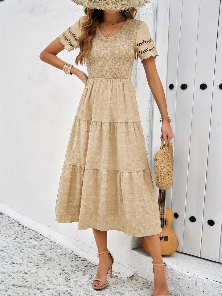 Emily - Boho Women's Wedding Guest Midi Dress with Smocked Bodice and Tiered Skirt