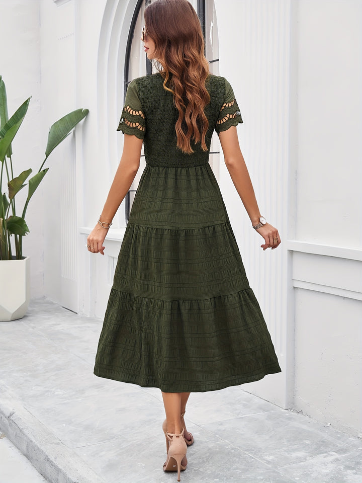 Emily - Boho Women's Wedding Guest Midi Dress with Smocked Bodice and Tiered Skirt