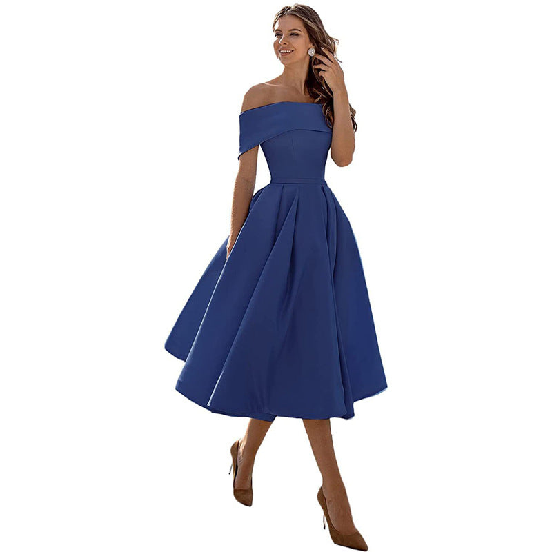 Emily - Elegant Women's Wedding Guest Dress with Off Shoulder Neckline and Full A-Line Skirt