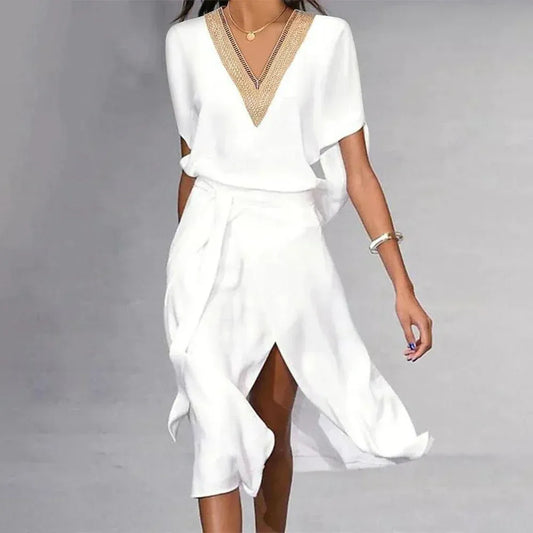 Emma - Elegant Women's Wedding Guest Dress with V-Neck Trim and Wrap Skirt
